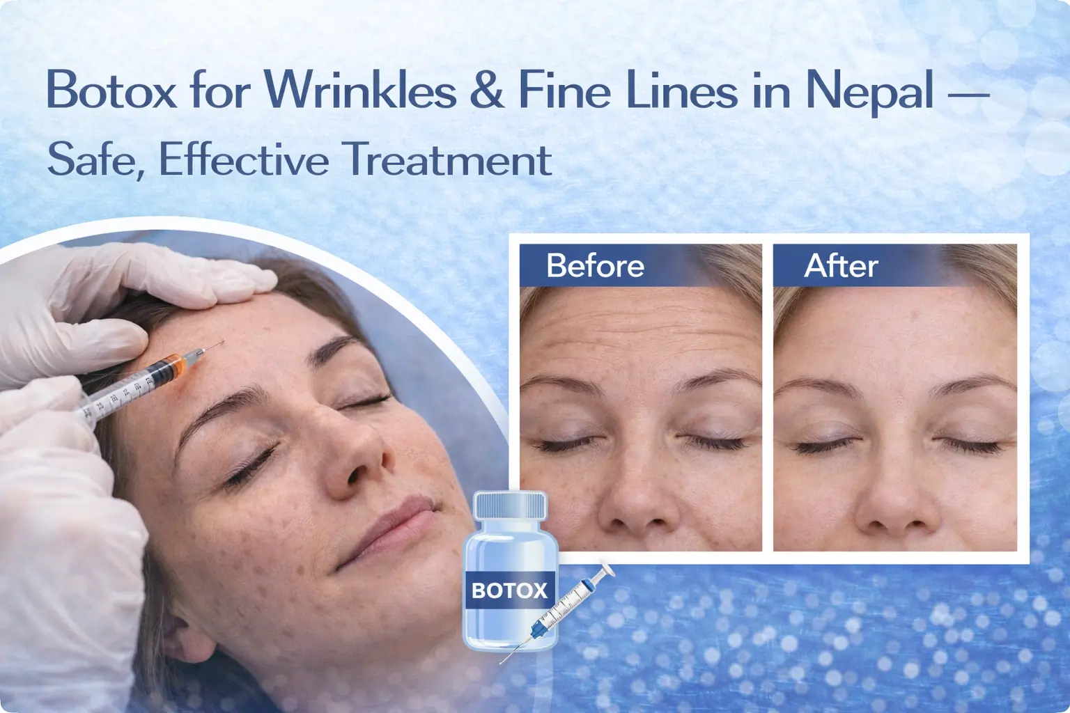 Botox treatment in Lalitpur from NRs 500/unit. Forehead, crow's feet, frown lines, masseter. Safe, FDA-approved. Expert care by Dr. Rajan Tajhya at Aakar Dermatology.