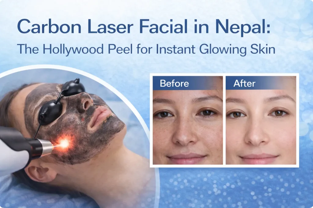 Non-invasive carbon laser facial in nepal, Lalitpur for instant results. Reduces pores, treats acne, removes tan. Book at Aakar Dermatology.