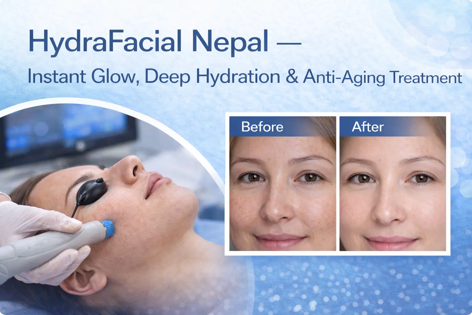 HydraFacial treatment in Lalitpur from NPR 2,500. Instant glow, no downtime. Luxury, Simple, Sweet & Casmara options. Book at Aakar Dermatology.