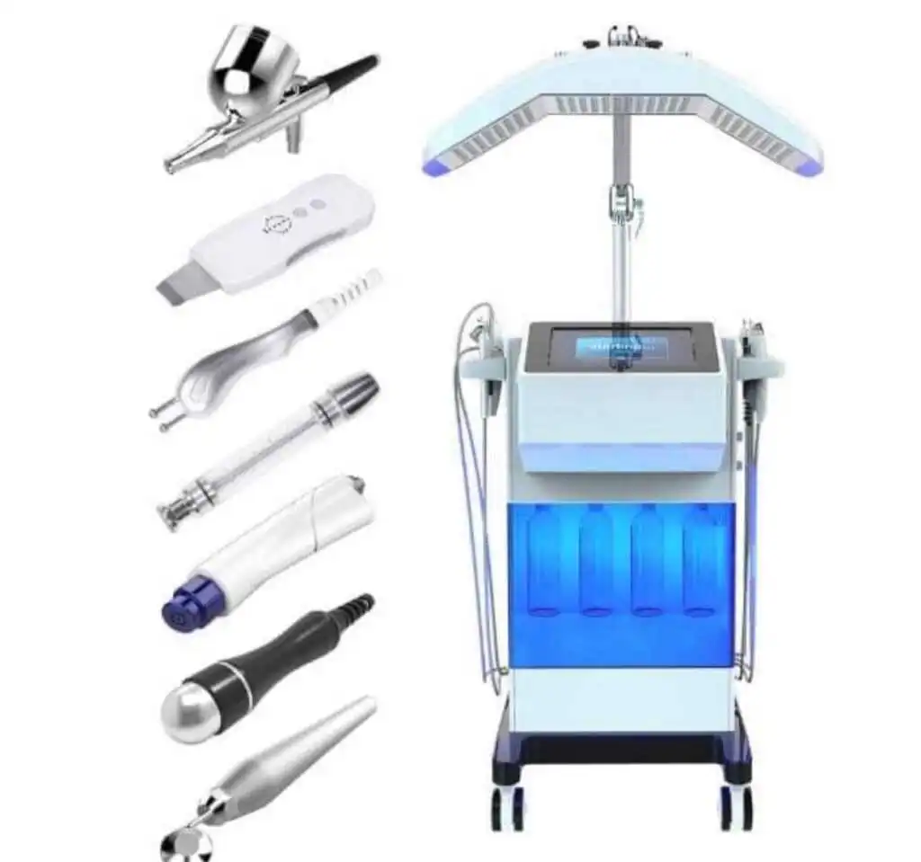 Various handheld devices used during a HydraFacial treatment displayed on a clean clinical tray. The image shows different specialized tips and attachments designed for cleansing, exfoliation, extraction, and serum infusion to improve overall skin health and hydration.